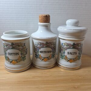 Vintage Chase Porcelain Apothecary Pharmacy Jars w/ Lid Hand Painted Set of 3